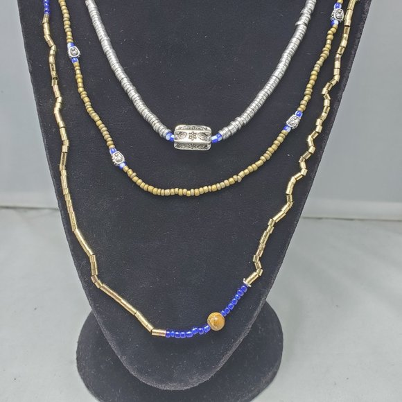 BKE 3 STRAND TRICOLOR NECKALCE GOLD-SILVER-TAN CORD - Picture 2 of 4